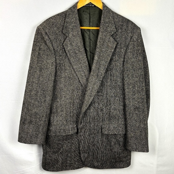 Mens 100% Shetland Wool Blazer Sport Coat Towncraft 42L Gray Herringbone Classic - Picture 1 of 13